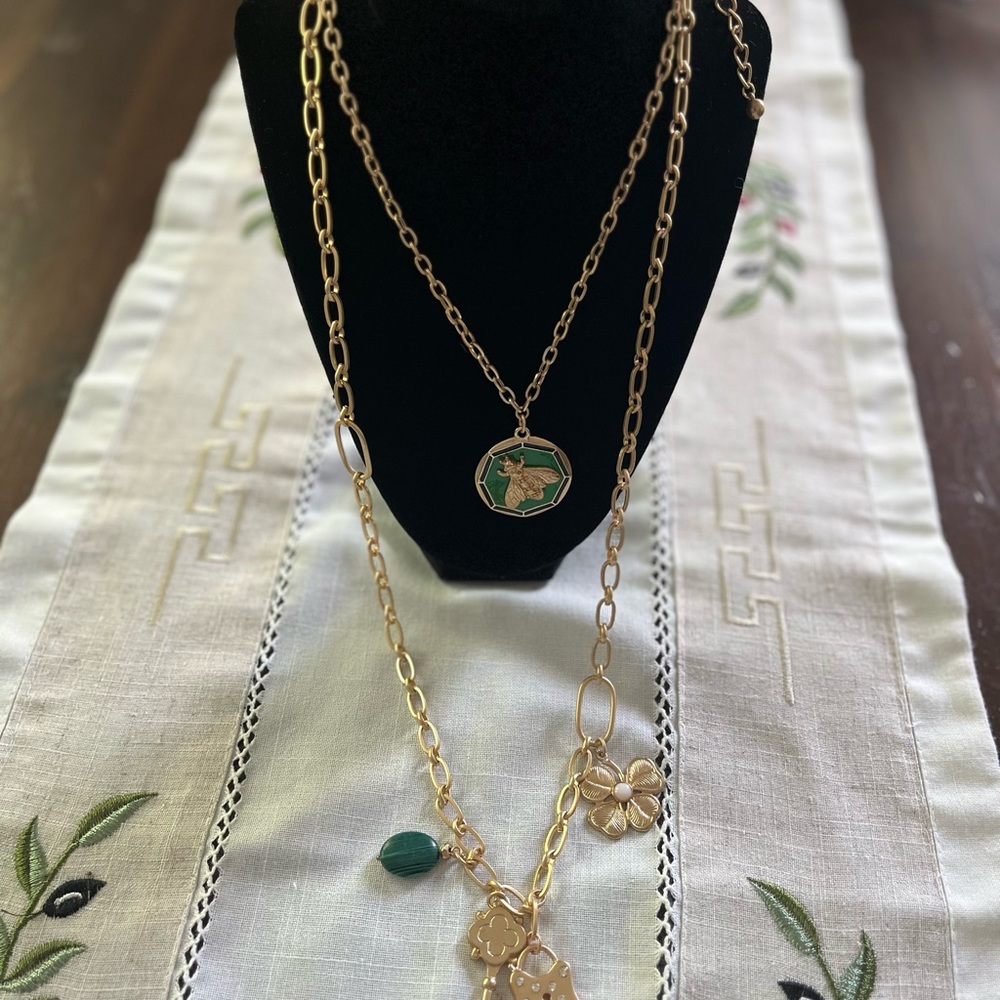Chico's Gold two tiered Necklace with Green Accents